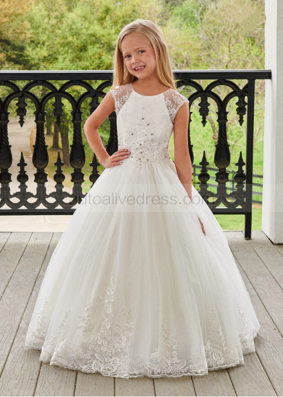 Cap Sleeves Beaded Ivory Lace Glitter Tulle Modern Flower Girl Dress